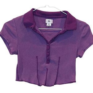 BDG Ribbed Half Button Short Sleeve Wells Cropped Cotton Polo Shirt Purple Small